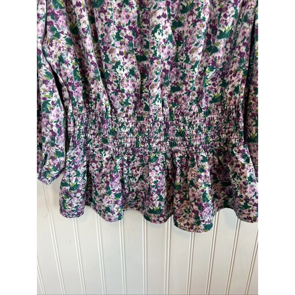Pleione Blouse XS Peplum Puff 3/4 Sleeve Smocked Floral‎ Purple Green